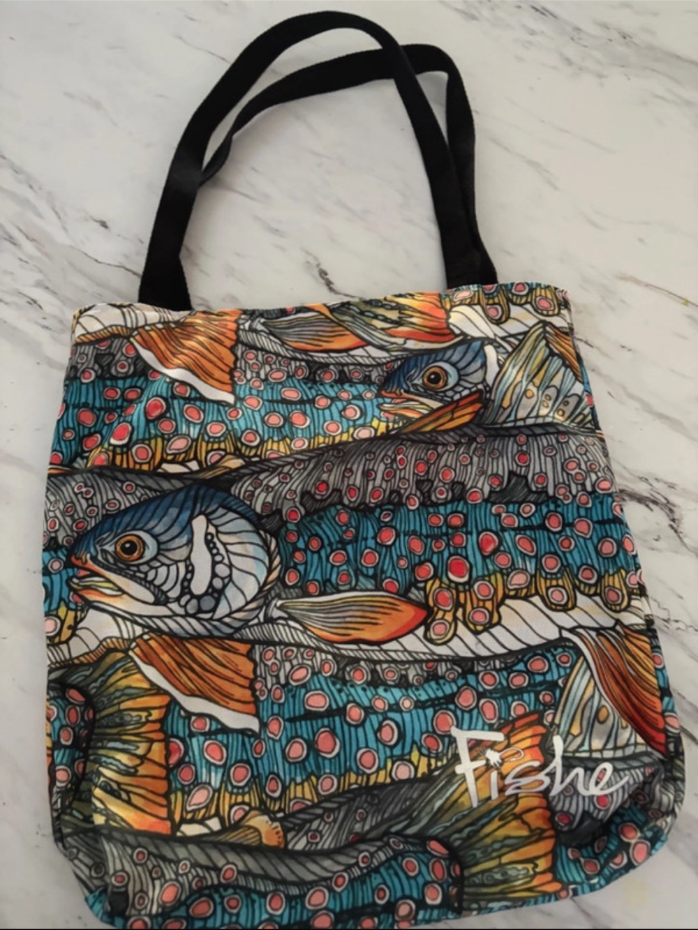 Fish-Print Tote Bag in Teal, Orange & Black